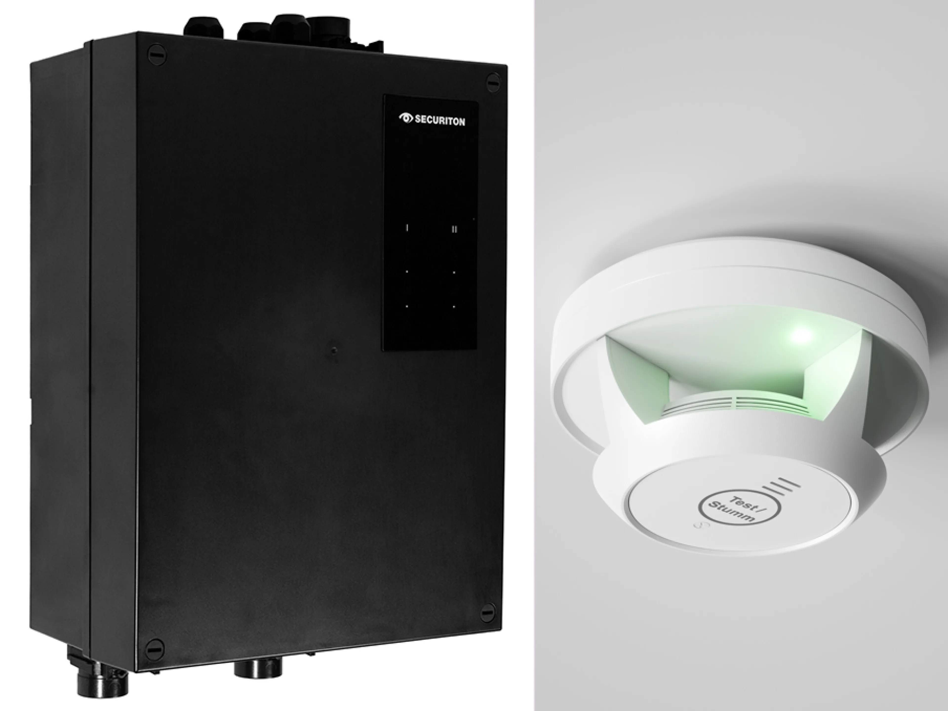 Für verbesserten Brandschutz: Das neue Ansaugrauchmelder-System „ASD 2000“ (links) setzt auf Einfachheit und digitale Anbindung. Der Rauchwarnmelder „Konexxt Remote“ (rechts) ermöglicht eine vollständige Ferninspektion gemäß DIN 14676-1