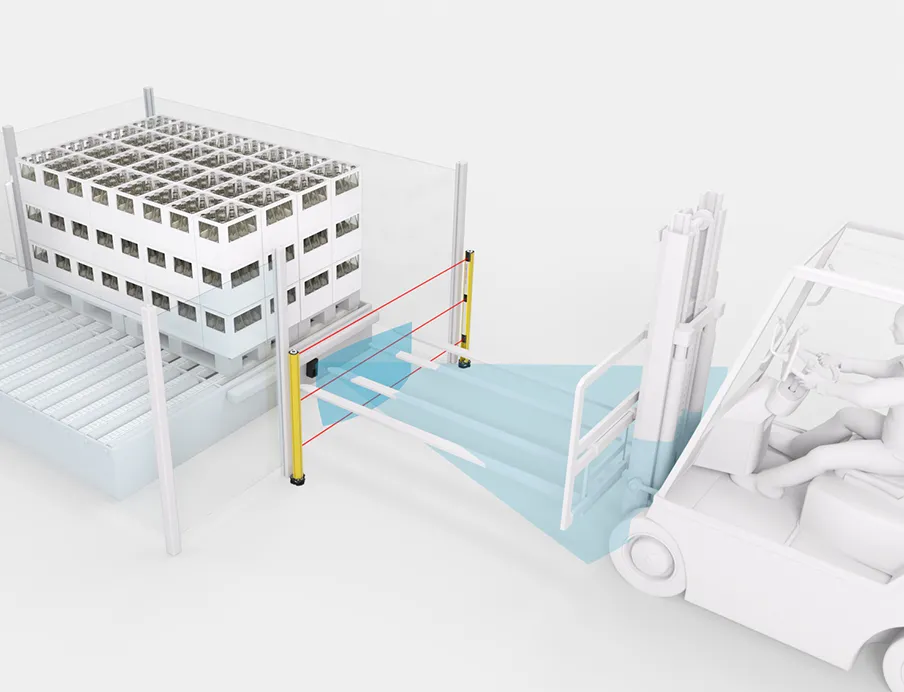 Sensorlösungen von Leuze als Zugangssicherung in der Gabelstapler-Logistik