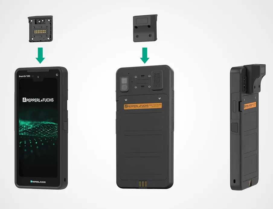 Die Kopplung mit dem Scanner-Modul „SM-Ex S203 SR“ über das neue Zubehör-Interface macht das „Smart-Ex 203“-Smartphone zu einem komfortablen 1D/2D Barcode Scanner, auch für explosionsgefährdete Bereiche