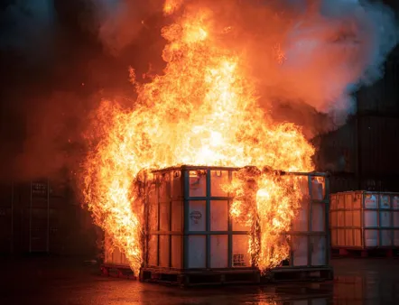 Brandschutz: Brandversuch mit Kunststoff-IBCs - unter Hitzeeinwirkung schmelzen die Behälter, Gefahrstoffe treten unkontrolliert aus, ein erhebliches Risiko für Mensch, Umwelt und Betrieb.